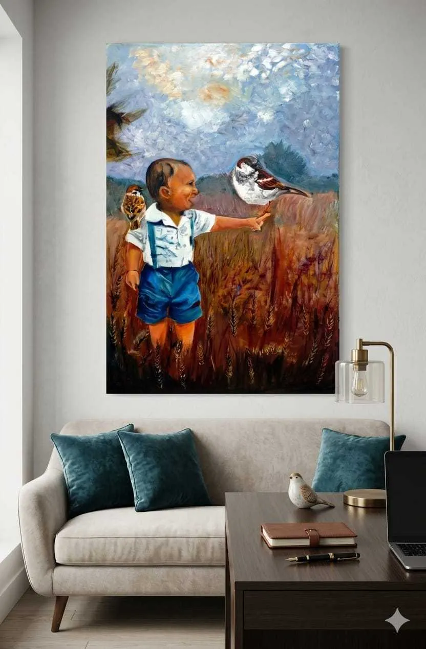 Boy with Sparrows — Oil on Canvas by Bhumika Singh