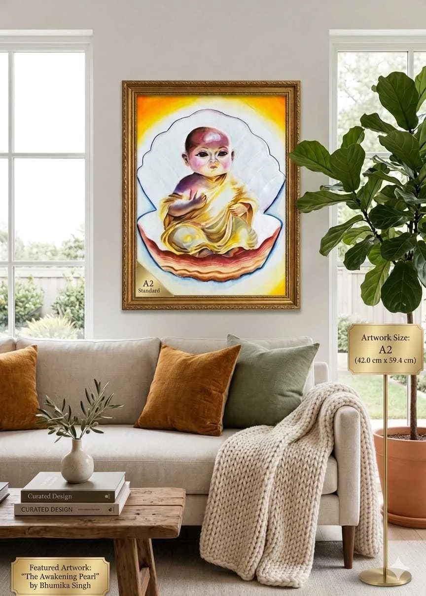 The Awakening Pearl — Featured artwork by Bhumika Singh showing a baby Buddha emerging from a luminous pearl shell
